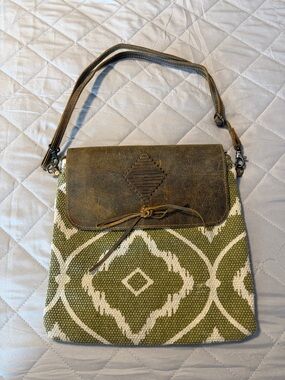 Myra Bag Olive Green & Brown Patterned Crossbody with Leather Flap